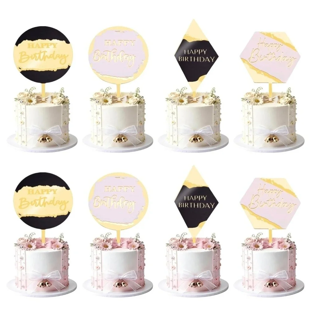 Cake Topper 8pc Birthday Unisex Gold Black Pink Modern Acrylic Set